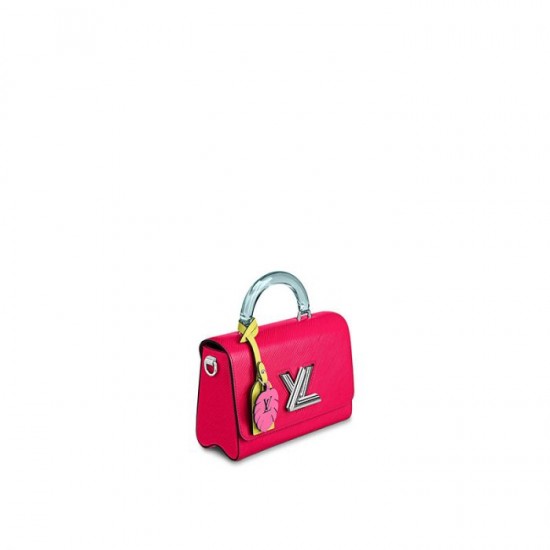 Louis Vuitton fashions the Twist MM in deep-dyed Epi leather with a colored plexiglass top handle and bright-colored nametag and charm. Accented by the classic LV Twist lock