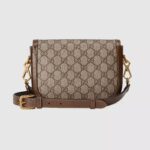 the mini bag’s character transforms from understated elegance with a tonal leather strap to a strong logo feel thanks to a red and green Web option. The accessory is presented in monogram canvas with a brown leather trim.