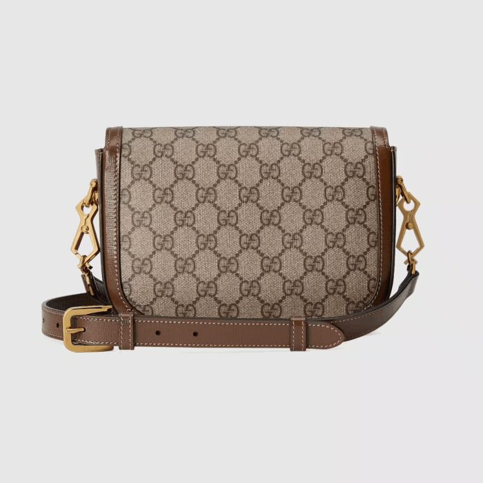 the mini bag’s character transforms from understated elegance with a tonal leather strap to a strong logo feel thanks to a red and green Web option. The accessory is presented in monogram canvas with a brown leather trim.