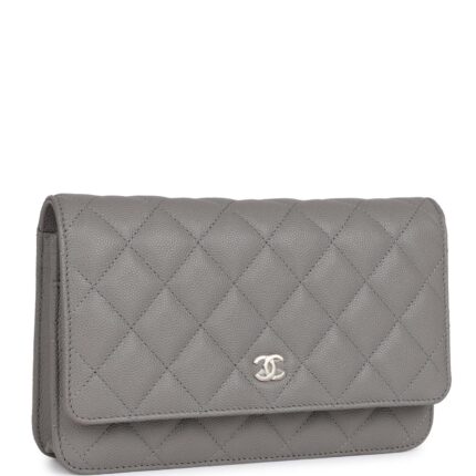 This Wallet on Chain is of Grey caviar with light gold tone hardware and has a front flap with CC emblem
