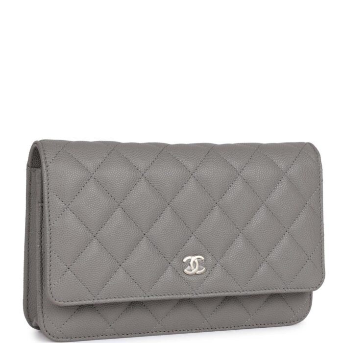This Wallet on Chain is of Grey caviar with light gold tone hardware and has a front flap with CC emblem