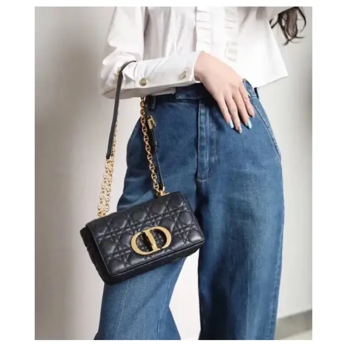 ensuring a modern and stylish look.The Dior Caro bag offers versatility in carrying options. It comes with a removable signature ‘CD’ chain link shoulder strap that can be replaced with a wide embroidered strap
