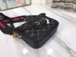 the Gucci Double G Horsebit 1955 GG mini bag 658574 boasts a mini-sized design measuring 8.1’W x 5.7’H x 2’D. It is constructed from premium beige and blue GG Supreme canvas with stunning blue leather trim and silver-toned hardware. The standout feature of this bag is the horsebit detail and its chic flap closure. Inside
