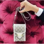 and 1.6 inches in depth. This petite rectangular bag showcases the iconic Gucci monogram canvas