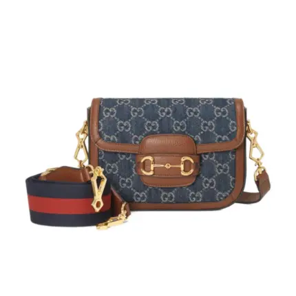 Introducing the stunning Gucci Horsebit 1955 Denim Mini Bag 658574. With dimensions of 8.1 inches in width