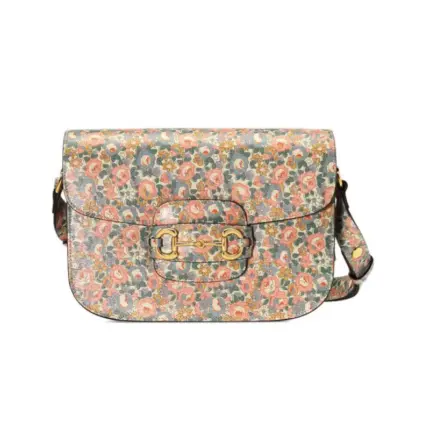 Introducing the stunning Gucci Horsebit 1955 Liberty London Bag 602204 in a size of 9.8 W x 7 H x 3.1 D. This exquisite shoulder bag is part of an exclusive collaboration for the Fall Winter 2020 season