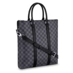 13.2 x 14.4 x 2.7 inches•Leather handles•Adjustable and removable leather shoulder strap•Zip closure•1 exterior pocket with magnetic closure•2 interior flat pockets•1 interior iPad pocket•1 padded laptop compartment•Damier Graphite coated canvas•Textile lining•Cowhide leather trim•Silver color metallic pieces