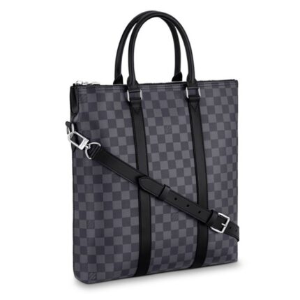 13.2 x 14.4 x 2.7 inches•Leather handles•Adjustable and removable leather shoulder strap•Zip closure•1 exterior pocket with magnetic closure•2 interior flat pockets•1 interior iPad pocket•1 padded laptop compartment•Damier Graphite coated canvas•Textile lining•Cowhide leather trim•Silver color metallic pieces