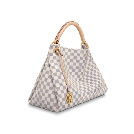 its exquisite handcrafted leather handle adds a luxurious crowning touch.16.14 x 12.60 x 8.66 inches(Length x Height x Width)•Damier Azur coated canvas•Microfiber lining•Gold-color hardware•Reinforced leather handle with cross stitching for shoulder or elbow carry•Large inside zipped pocket•6 inside flat pockets (3 on each side)•Keybell with key ring and hook•4 protective bottom studsMore Information