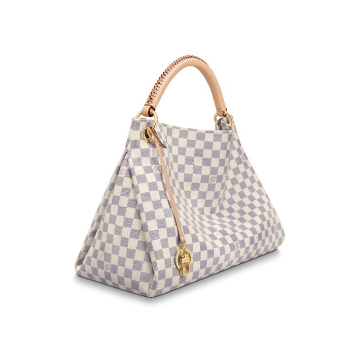 its exquisite handcrafted leather handle adds a luxurious crowning touch.16.14 x 12.60 x 8.66 inches(Length x Height x Width)•Damier Azur coated canvas•Microfiber lining•Gold-color hardware•Reinforced leather handle with cross stitching for shoulder or elbow carry•Large inside zipped pocket•6 inside flat pockets (3 on each side)•Keybell with key ring and hook•4 protective bottom studsMore Information