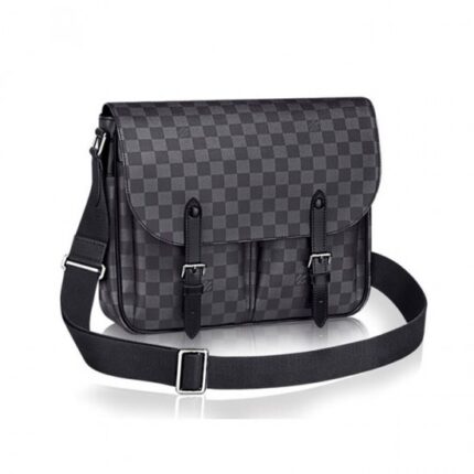33.0 x 28.0 x 8.0 cm (Length x height x width ) •Damier Graphite canvas •Cowhide leather trim •Silver colour metallic pieces •Textile lining •Adjustable strap •4 inside flat pockets •2 pen loops •Outside zipped back pocket and 2 external front pockets •2 front buckles •Magnetic closureMore Information