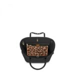 embossed with a contrasting glossy motif. Braided handles lend a crafted touch and leopard-print details add glamour to this fashionable piece