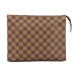 This is an authentic LOUIS VUITTON Damier Ebene Poche Toilette 26 Bag. It's a classic toiletry bag and the largest. It features the damier ebene check canvas with gusseted sides