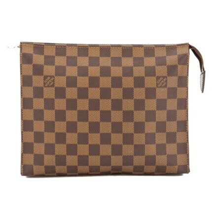 This is an authentic LOUIS VUITTON Damier Ebene Poche Toilette 26 Bag. It's a classic toiletry bag and the largest. It features the damier ebene check canvas with gusseted sides
