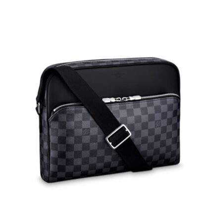 13.0 x 11.4 x 3.5 inches (Length x Height x Width) •Damier Graphite coated canvas exterior•Textile lining•Cowhide leather trim•Silver colored metallic pieces•Zip closure•Internal iPad pocket•Internal double flat pocket•External double zipped pocket•External back flat pocket