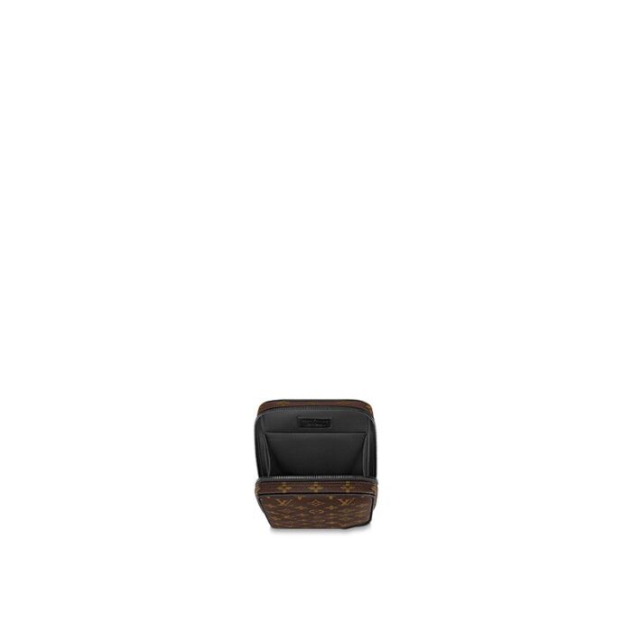 the zipped pouch has ample capacity for daily essentials.Detailed Features9.45 x 6.30 x 1.57 inches(Length x Height x Width)•L 6 x H 9.4 x W 1.5 inches•Monogram Solar Ray coated canvas•Cowhide leather trim•Textile lining•Black- and orange-color hardware•Adjustable