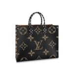 The Onthego tote bag takes on a bold new look in coated canvas with a print combining multiple sizes of the Monogram motif with leopard and zebra skin patterns. Its generous capacity
