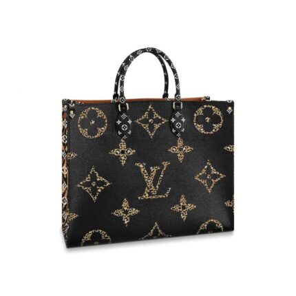 The Onthego tote bag takes on a bold new look in coated canvas with a print combining multiple sizes of the Monogram motif with leopard and zebra skin patterns. Its generous capacity