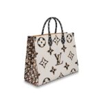 The Onthego tote bag takes on a bold new look in coated canvas with a print combining multiple sizes of the Monogram motif with leopard and zebra skin patterns. Its generous capacity