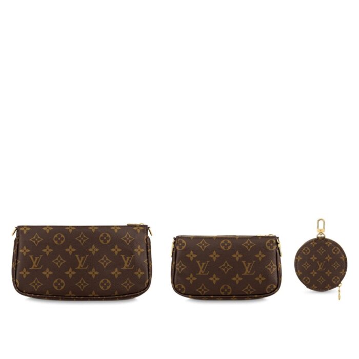 it has both a removable gold-tone chain and an adjustable Louis Vuitton inscribed Jacquard strap for multiple carrying options.Detailed Features9.45 x 6.30 x 2.36 inches(Length x Height x Width)•Pochette Accessoires – L 9.25 x H 5.3 x W 1.6 inches•Mini Pochette Accessoires – L 5.5 x H 3.5 x W 0.8 inches•Round Zip Coin Purse – L 3.5 x H 3.5 x W 0.8 inches•Khaki•Monogram coated canvas•Natural cowhide-leather trim•Textile lining•Gold-color hardware•Adjustable strap (drop: min. 37 cm/14.5 inches