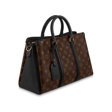 this edition of the Soufflot MM in supple Monogram canvas is richly accented with colored leather gussets and trim. The lateral bands and name tag nod to the Keepall
