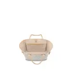 with side laces that cinch for a sleek allure or loosen for a casual look. The slim leather handles slip easily over the shoulder or arm. Lined in colorful textile