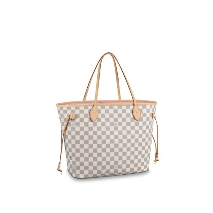 it features a removable pouch which can be used as a clutch or an extra pocket.Detailed Features12.6 x 11.4 x 6.7 inches(Length x Height x Width)•Rose Ballerine Pink•Damier Azur coated canvas•Natural cowhide-leather trim•Striped textile lining•Gold-color hardware•2 top handles for hand