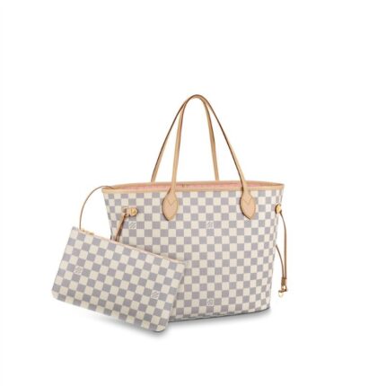 The Neverfull MM tote unites timeless design with heritage details. Made from fresh Damier Azur canvas with natural cowhide trim