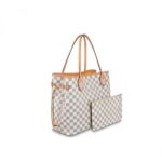 The Neverfull MM is made from Damier Azur canvas with a shoulder strap in two-color braided leather and colorful braided handle mounts. The leatherwork is braided entirely by hand. The bag's side laces can be cinched to change its silhouette. A removable pouch inside can be used as a clutch or an extra pocket.