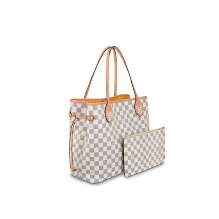 The Neverfull MM is made from Damier Azur canvas with a shoulder strap in two-color braided leather and colorful braided handle mounts. The leatherwork is braided entirely by hand. The bag's side laces can be cinched to change its silhouette. A removable pouch inside can be used as a clutch or an extra pocket.
