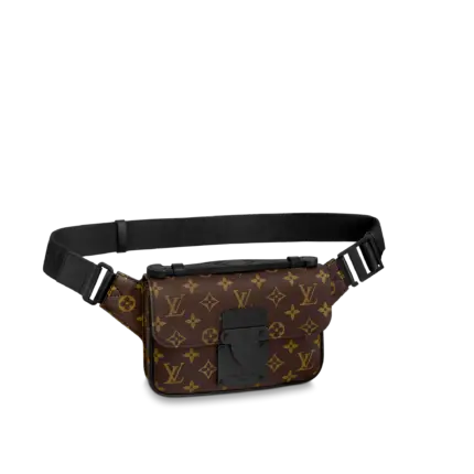 The new S Lock Sling Bag keeps personal items secure with a magnetic closure inspired by Louis Vuitton’s historic trunk clasps. Monogram Macassar canvas is accented by an innovative metal lock with an elegant matte black finish. A sturdy trunk-style leather handle and an adjustable strap