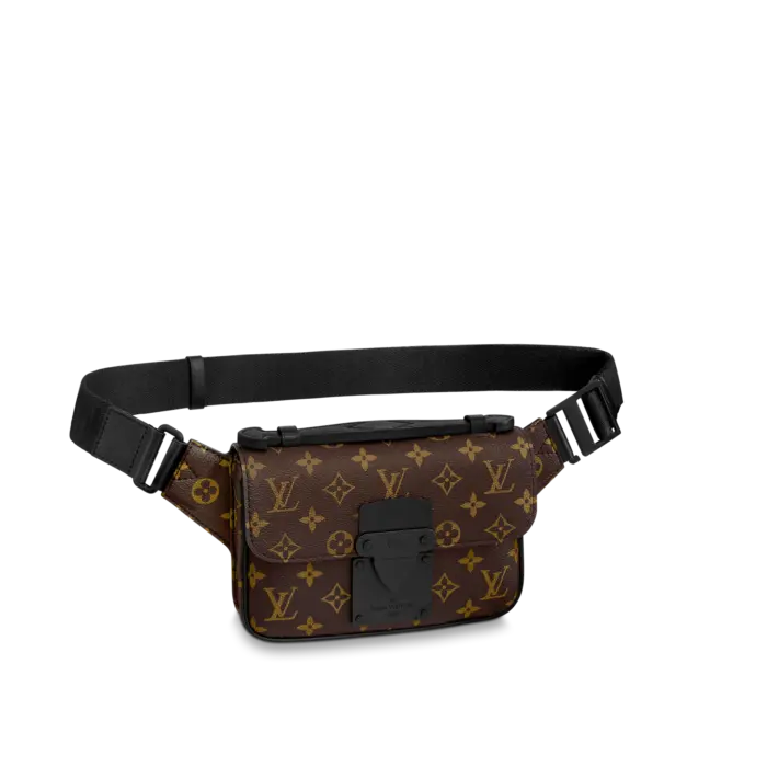 The new S Lock Sling Bag keeps personal items secure with a magnetic closure inspired by Louis Vuitton’s historic trunk clasps. Monogram Macassar canvas is accented by an innovative metal lock with an elegant matte black finish. A sturdy trunk-style leather handle and an adjustable strap