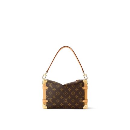 a Monogram canvas with leather trim and a leather zipper head that articulates with the signature S-lock closure