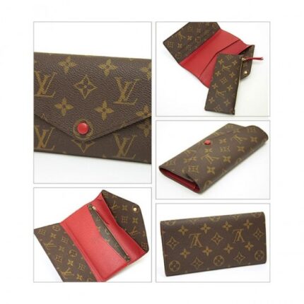 the Sarah Wallet combines Monogram canvas with a grained leather lining. Its elegant envelope-style design conceals a spacious interior with two large compartments