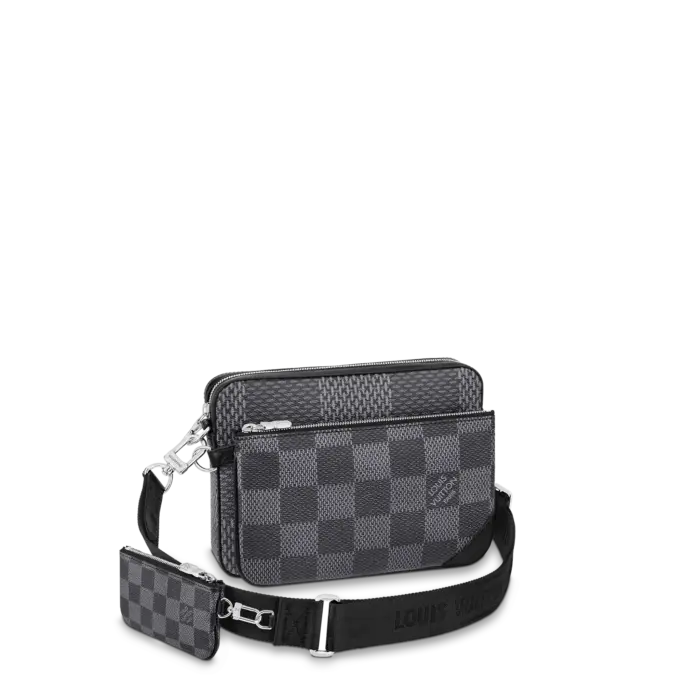 This new version of the Trio Messenger combines the versatility of a modular bag with the eye-catching elegance of Damier Graphite 3D canvas in subtle shades of gray. The removable zipped front pouch and coin purse make it a practical carrier for everyday necessities