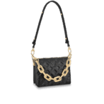 The Coussin BB has the softest cushion-like texture. The Coussin BB is made of puffed lamb leather embossed with a Monogram pattern in a lovely compact size. The chunky gold-colored chain and slender leather strap are both detachable