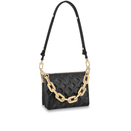 The Coussin BB has the softest cushion-like texture. The Coussin BB is made of puffed lamb leather embossed with a Monogram pattern in a lovely compact size. The chunky gold-colored chain and slender leather strap are both detachable