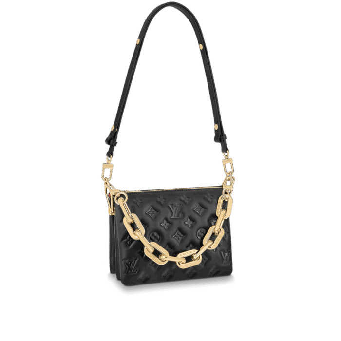 The Coussin BB has the softest cushion-like texture. The Coussin BB is made of puffed lamb leather embossed with a Monogram pattern in a lovely compact size. The chunky gold-colored chain and slender leather strap are both detachable