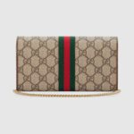 incorporating new shapes and silhouettes. The wallet has a compartmentalized construction and a removable chain strap that gives the structured shape dual functionality