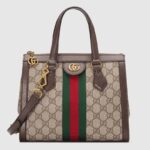The world of Ophidia evolves with the introduction of a small top handle tote with a detachable shoulder strap. Crafted in GG Supreme canvas with inlaid green and red Web stripe