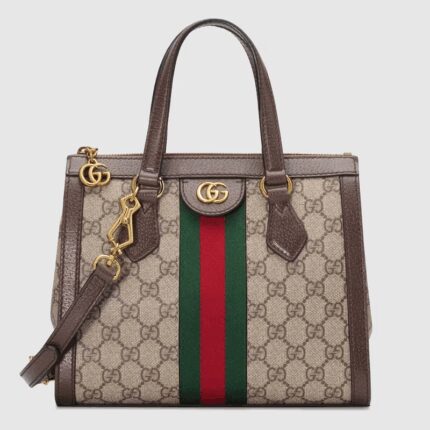 The world of Ophidia evolves with the introduction of a small top handle tote with a detachable shoulder strap. Crafted in GG Supreme canvas with inlaid green and red Web stripe
