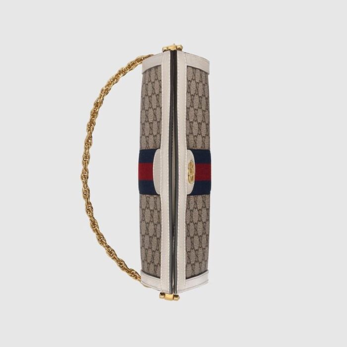 with retro-inspired details and classic brand elements. Small shoulder bag in beige and ebony GG Supreme canvas with classic white leather trim and red and blue striped web intarsia. Vintage-inspired structured shape with chain strap and Double G hardware.