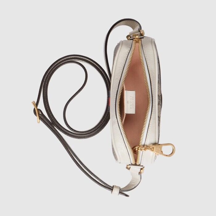 sans-serif; font-size: 16px; background-color: #ffffff;">A new addition to the Ophidia collection is a structured mini bag with white leather trim. The GG logo evolved from the early Gucci diamond plaid pattern that began in the 1930s. It was first used in the 1970s and has since become a representative element of the Gucci collection.